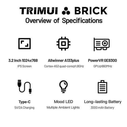 Trimui Brick Handheld-Spielkonsole, 256 GB TF-Karte, 3,2-Zoll-IPS-Bildschirm (1024 x 768), 8 GB eMMC-Speicher, 5 Stunden Akkulaufzeit, Typ-C-Schnellladung